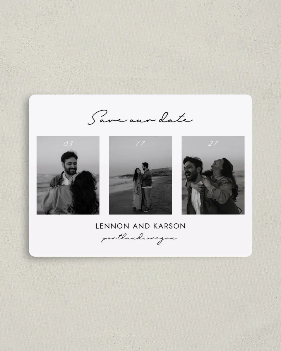This is a 4" x 5½" Save the Date Magnet called Simply Yours printed in full color with a Luxe Satin finish