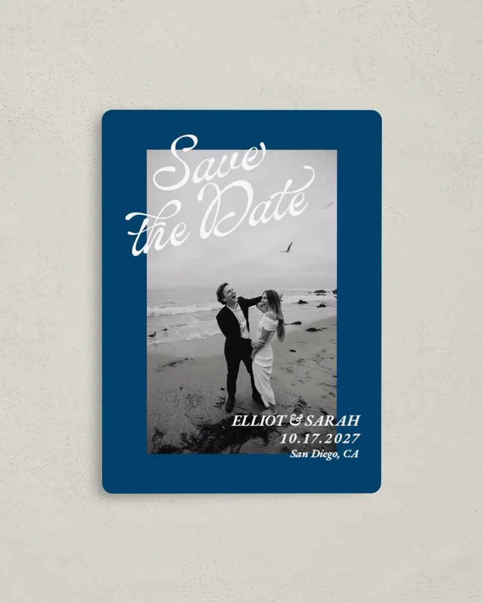 This is a 4" x 5½" Save the Date Magnet called Blue Hour printed in full color with a Luxe Satin finish