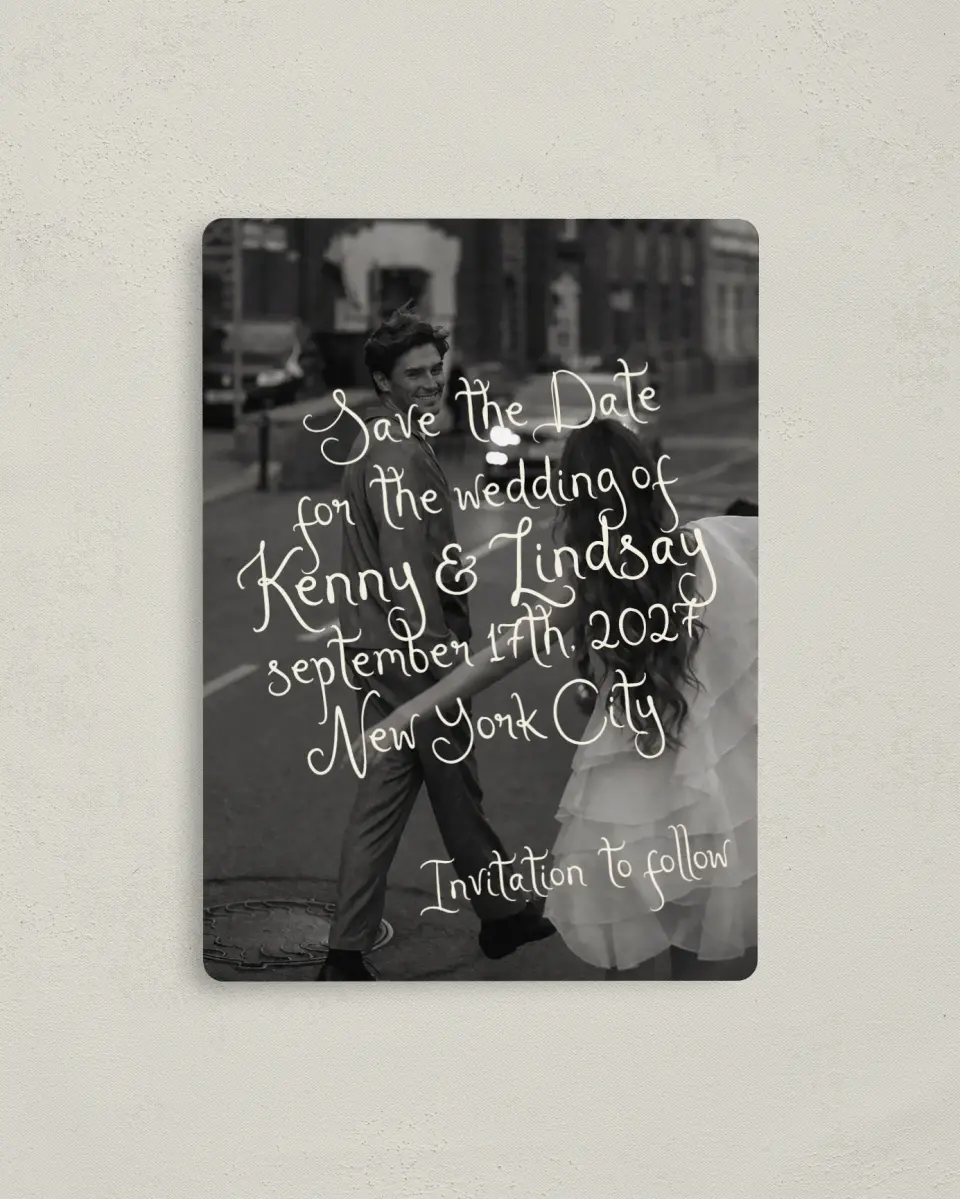 This is a 4" x 5½" Save the Date Magnet called Handwritten Editorial printed in full color with a Luxe Satin finish