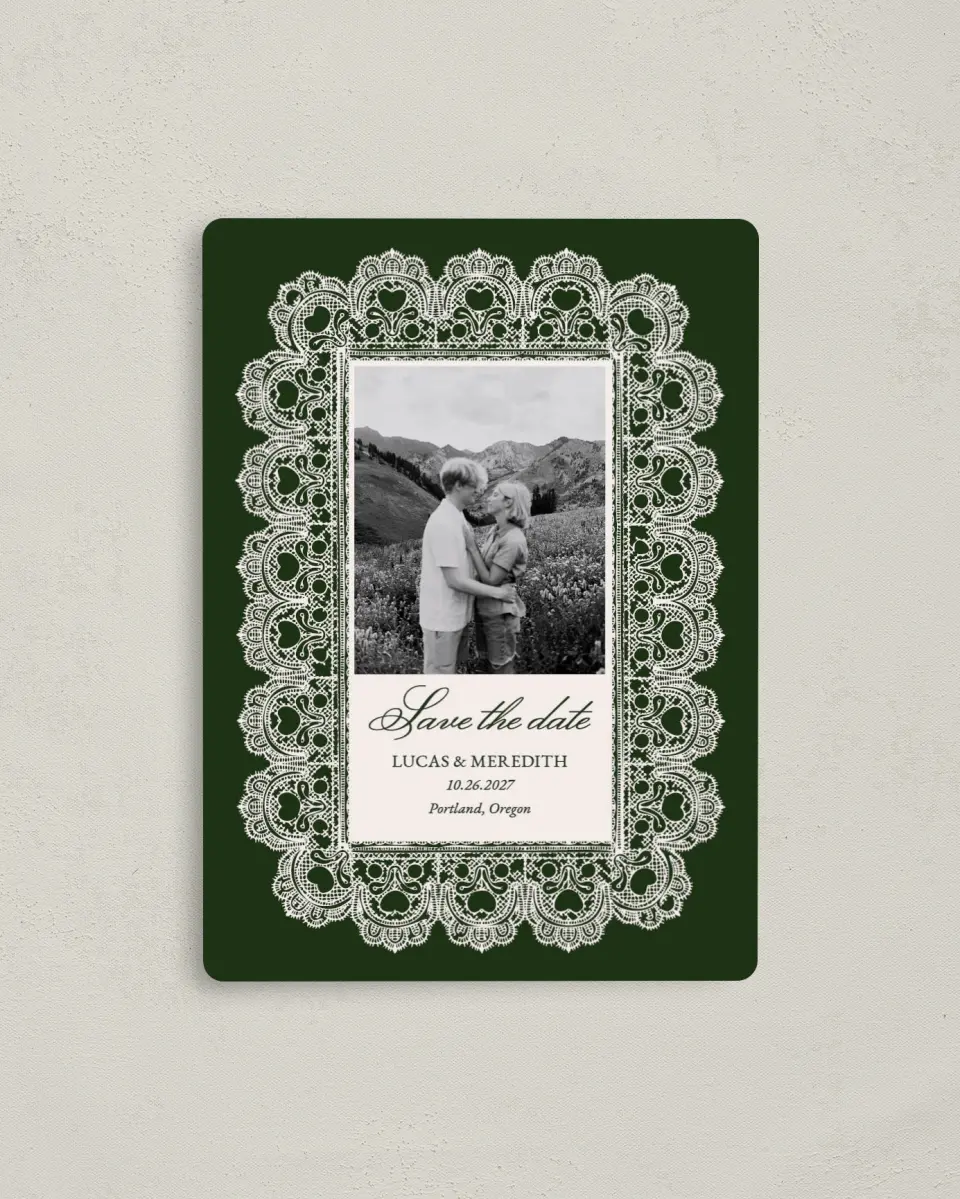 This is a 4" x 5½" Save the Date Magnet called Lace Border printed in full color with a Luxe Satin finish