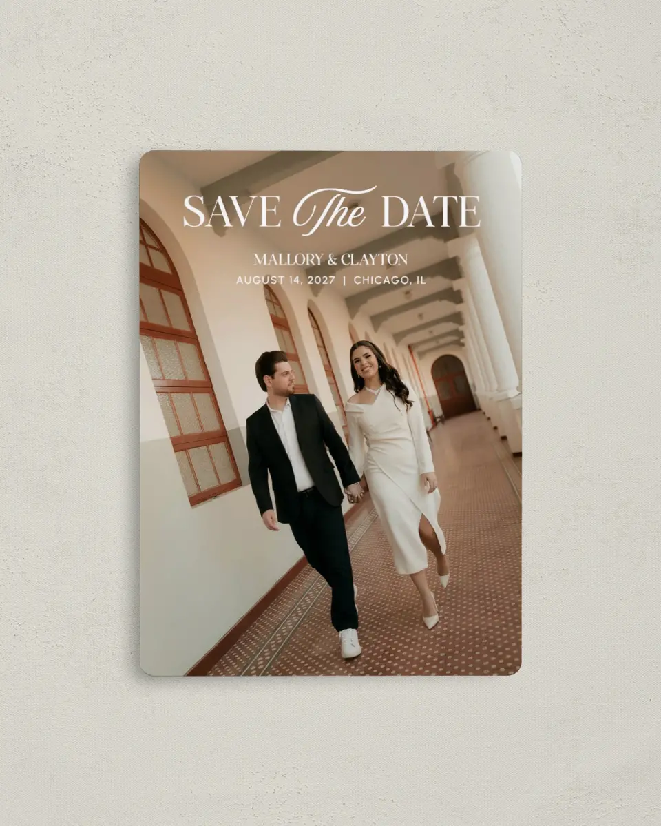 This is a 4" x 5½" Save the Date Magnet called The Mallory printed in full color with Gold foil and a Luxe Satin finish
