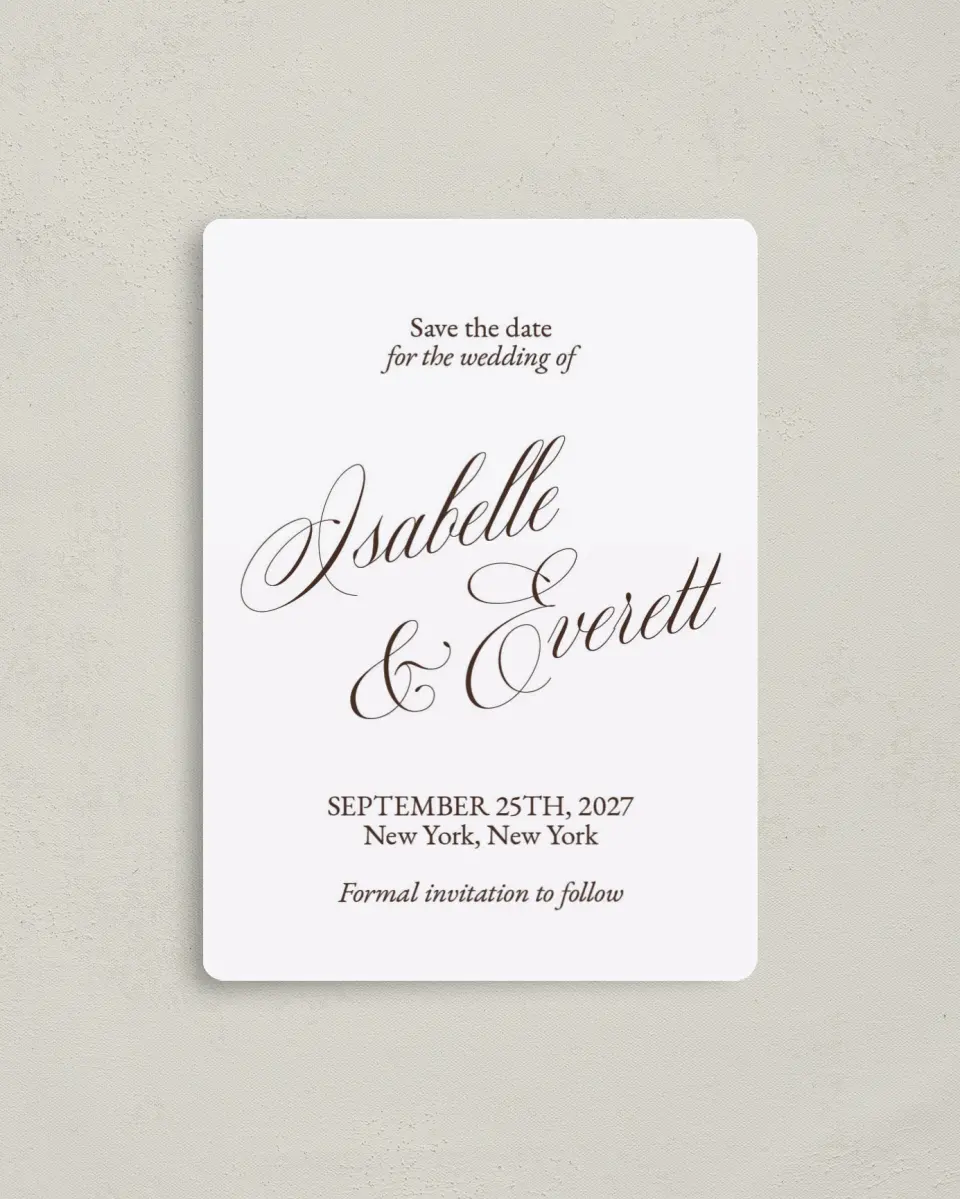 This is a 4" x 5½" Save the Date Magnet called The Isabelle printed in full color with a Luxe Satin finish