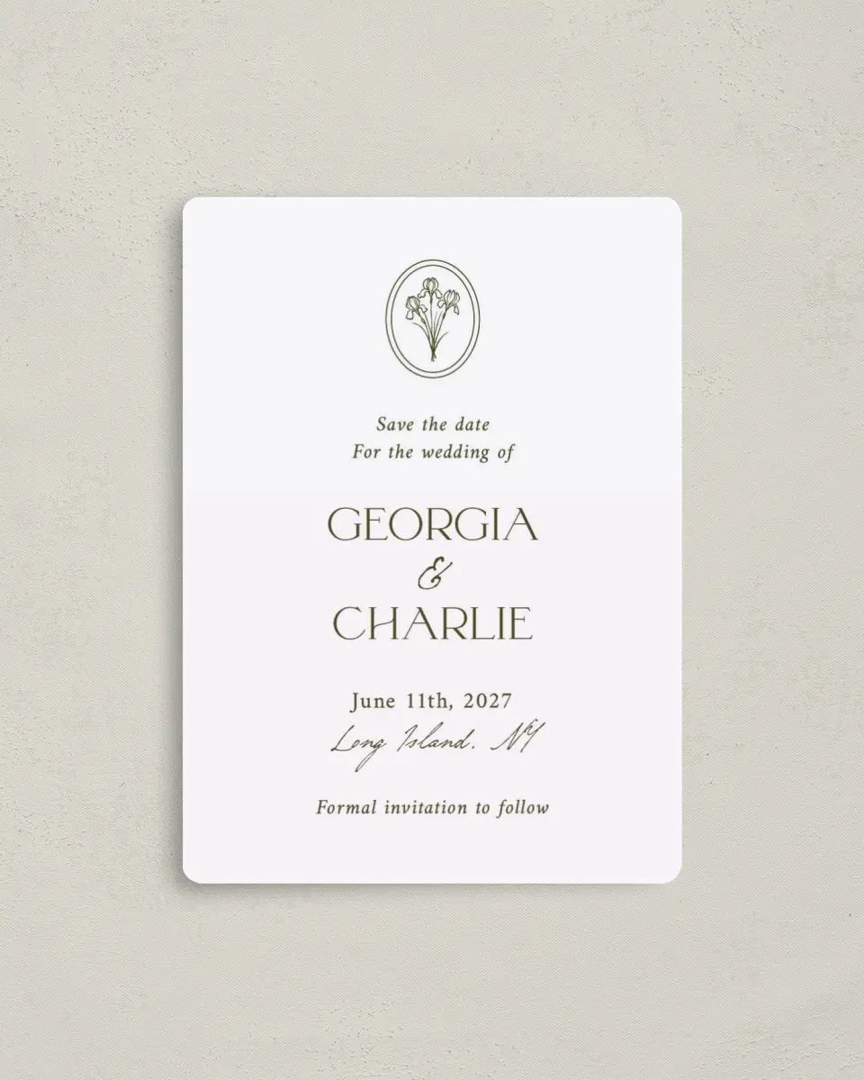 This is a 4" x 5½" Save the Date Magnet called The Georgia printed in full color with a Luxe Satin finish