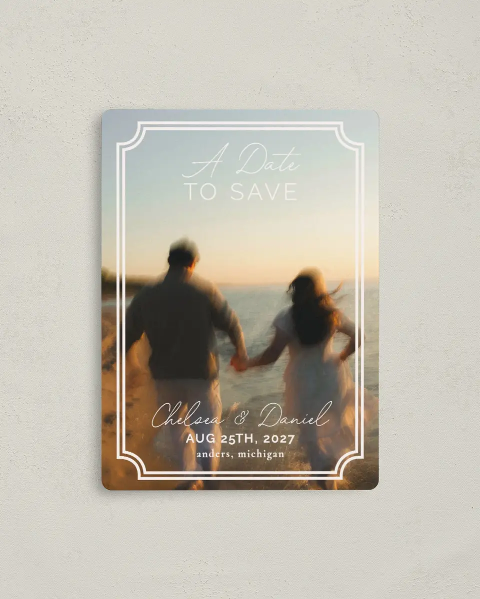 This is a 4" x 5½" Save the Date Magnet called The Chelsea printed in full color with Gold foil and a Luxe Satin finish