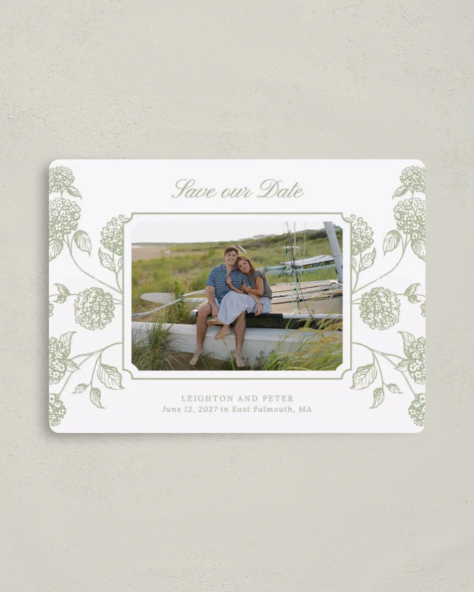 This is a 4" x 5½" Save the Date Magnet called Harmonious Hydrangea printed in full color with a Luxe Satin finish