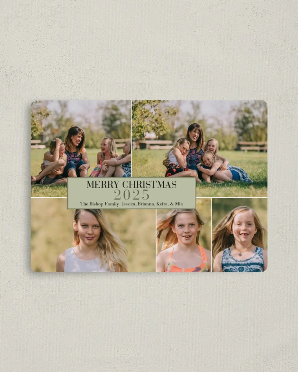This is a 4" x 5½" Christmas Card called Christmas Collage printed in full color with Silver foil and a Luxe Satin finish