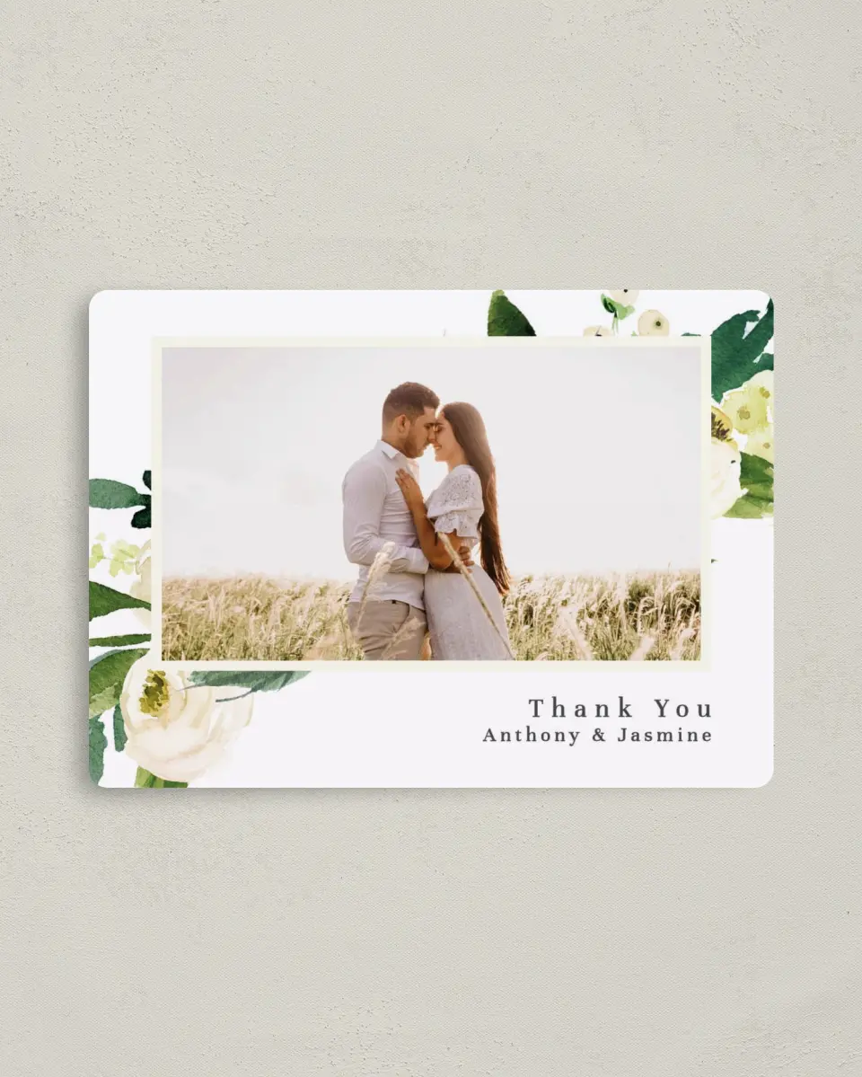 This is a 4" x 5½" Thank You Magnet called Wedding Florals printed in full color with a Luxe Satin finish