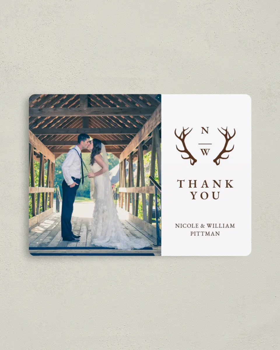 This is a 4" x 5½" Thank You Magnet called Rustic Antler printed in full color with a Luxe Satin finish