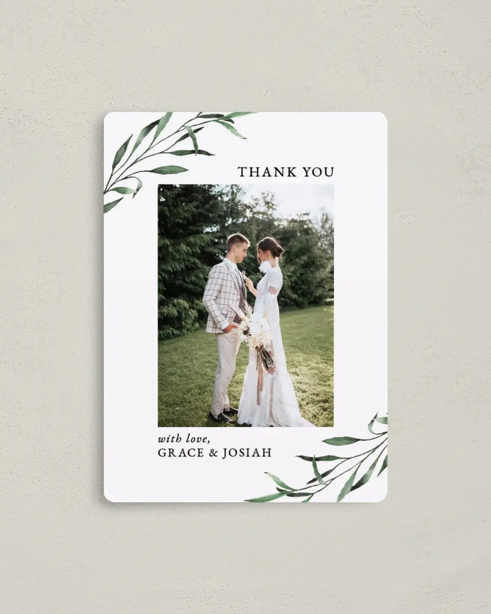 This is a 4" x 5½" Thank You Magnet called Tender Twig printed in full color with a Luxe Satin finish