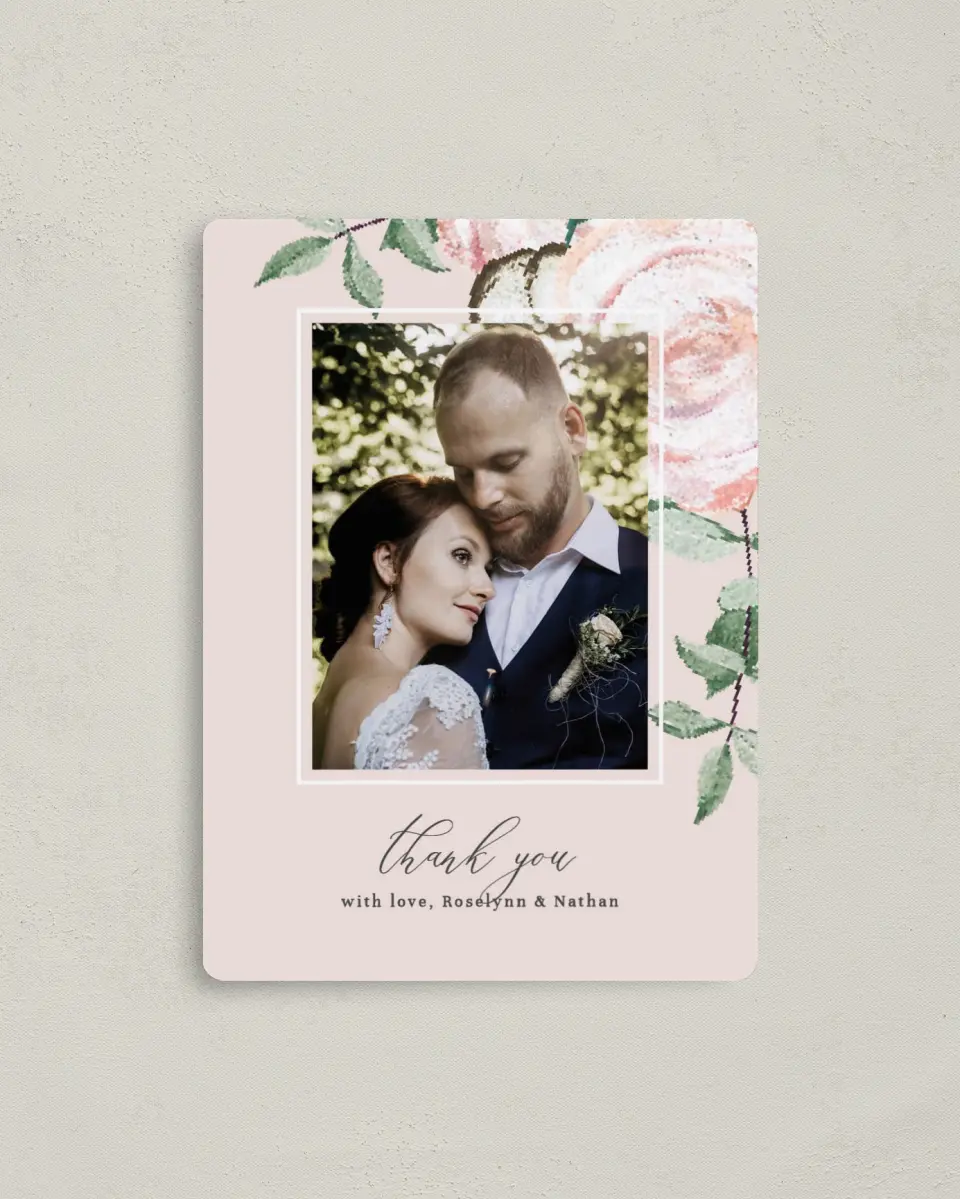 This is a 4" x 5½" Thank You Magnet called Soft Rose printed in full color with a Luxe Satin finish