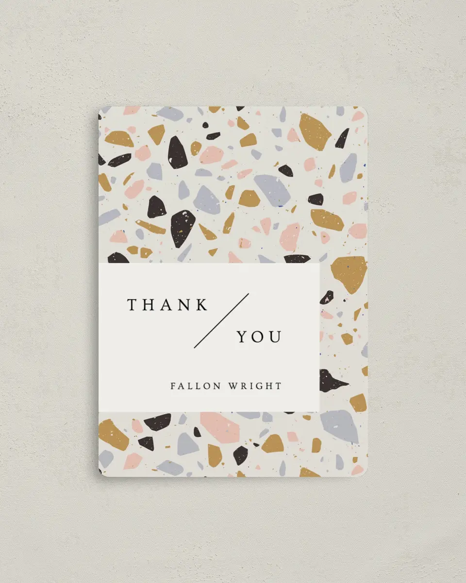 This is a 4" x 5½" Newlywed called Modern Terrazzo printed in full color with a Luxe Satin finish