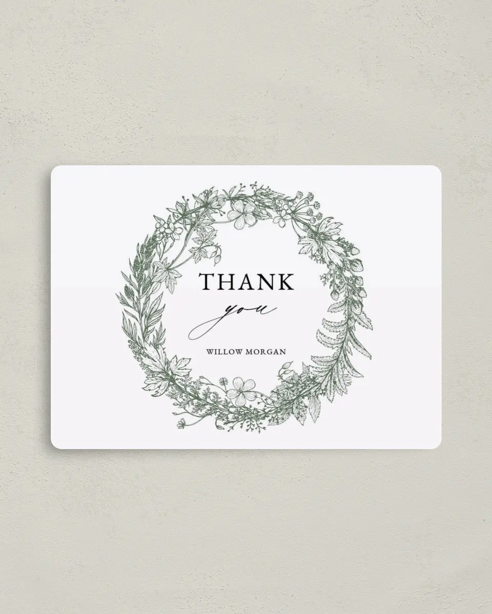 This is a 4" x 5½" Newlywed called Budding Wreath printed in full color with a Luxe Satin finish