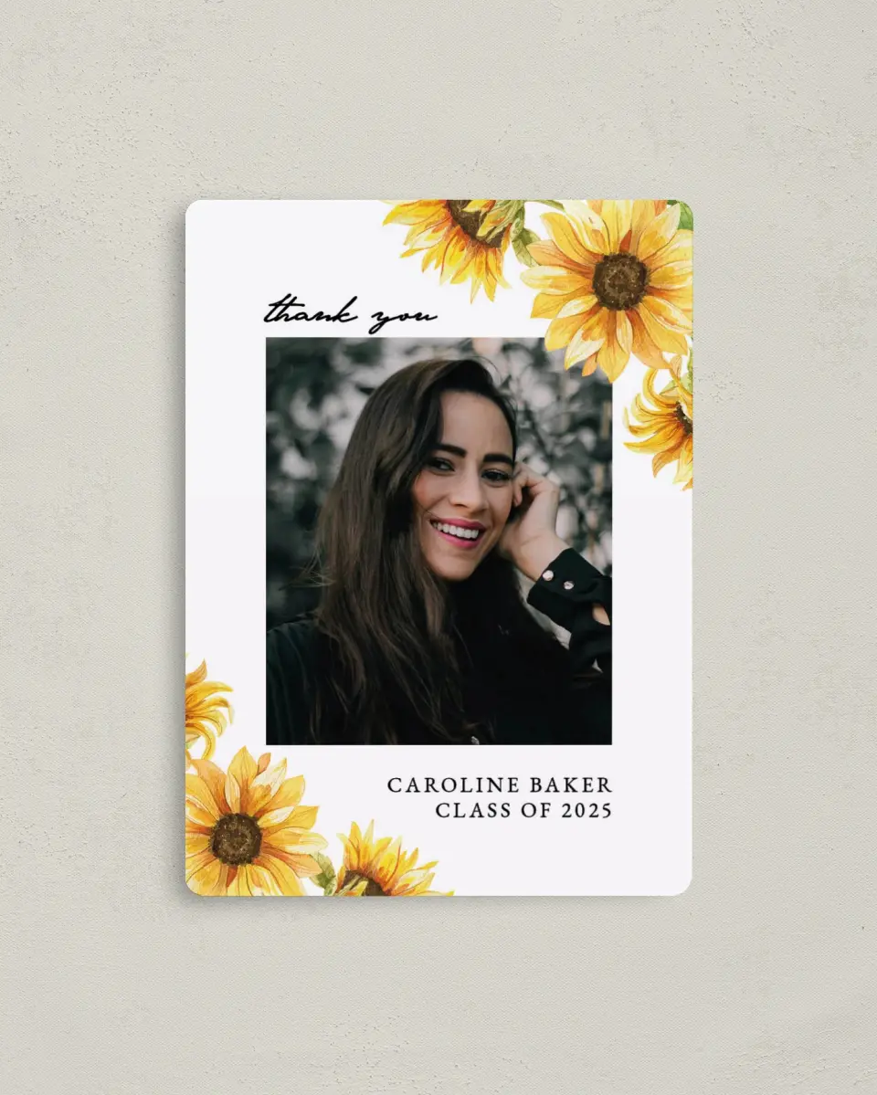 This is a 4" x 5½" Graduation Thank You Magnet called Sunflower Student printed in full color with a Luxe Satin finish