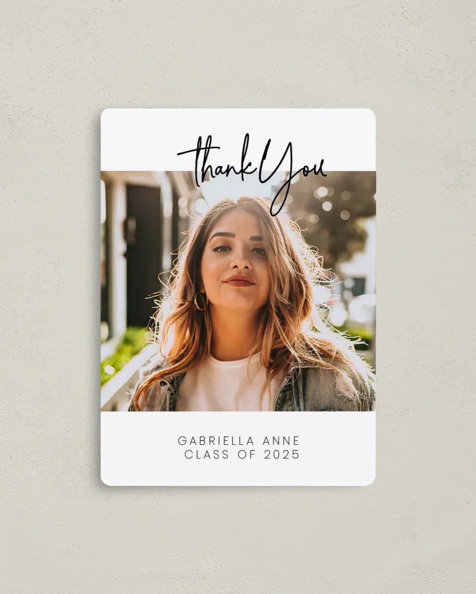 This is a 4" x 5½" Graduation Thank You Magnet called What a Year! printed in full color with a Luxe Satin finish