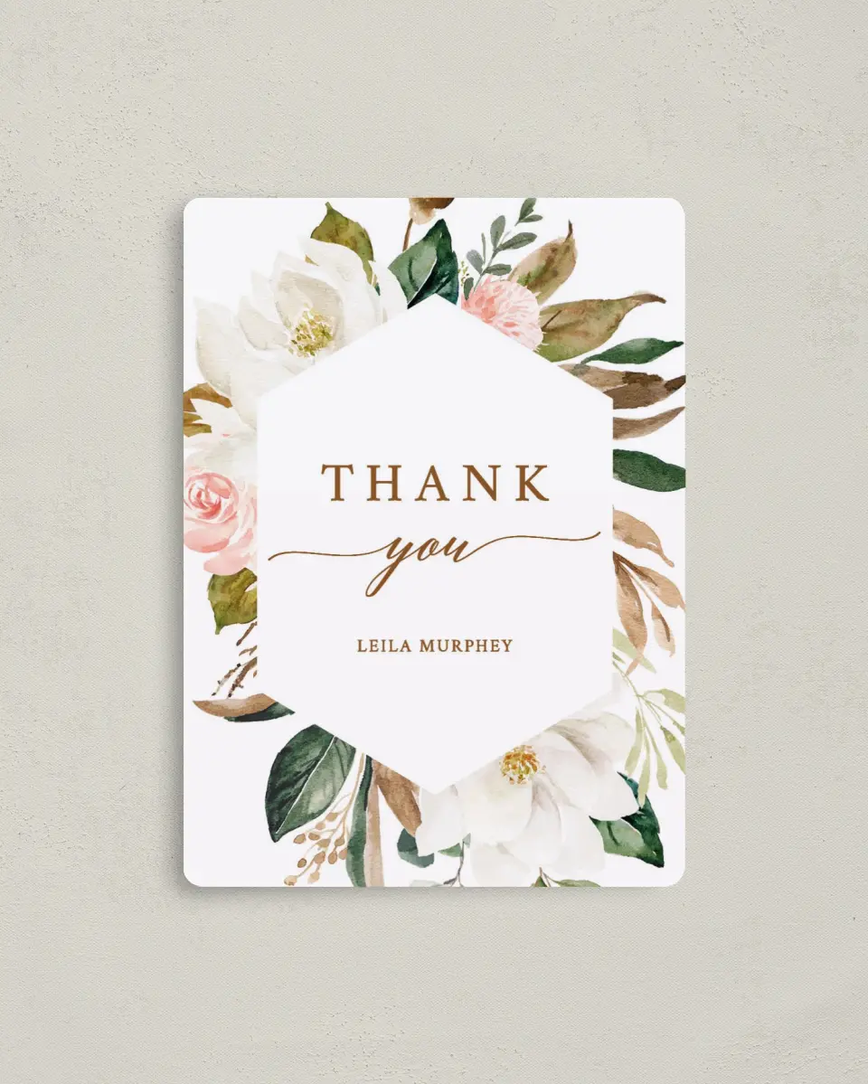 This is a 4" x 5½" Newlywed called Lovely Magnolia printed in full color with a Luxe Satin finish