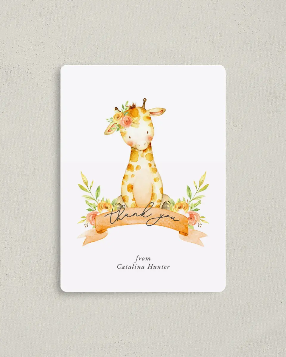 This is a 4" x 5½" Graduation Thank You Magnet called Lovely Giraffe printed in full color with a Luxe Satin finish