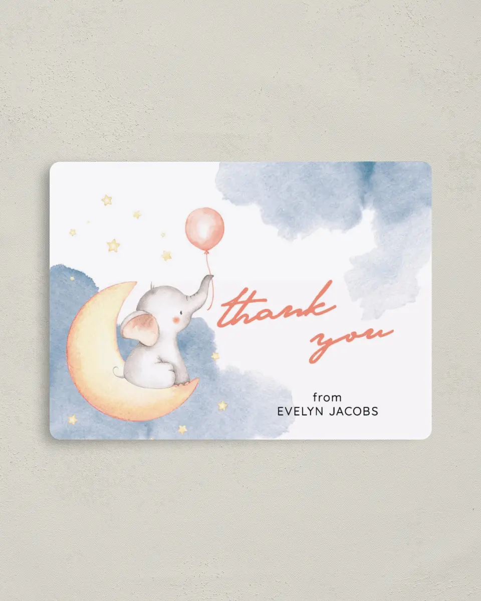 This is a 4" x 5½" Graduation Thank You Magnet called Elephant Moon printed in full color with a Luxe Satin finish