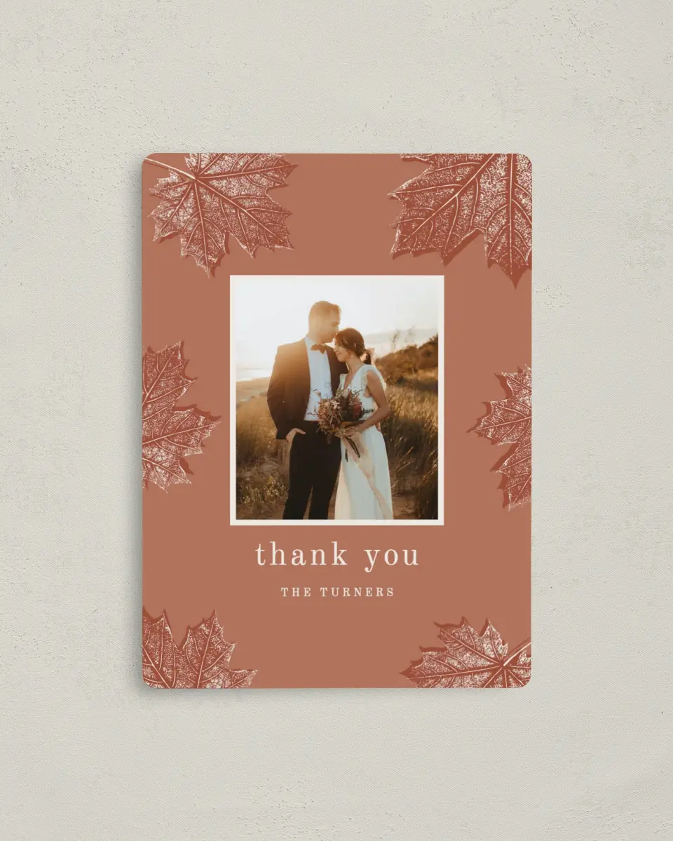 This is a 4" x 5½" Thank You Magnet called Turning Leaves printed in full color with a Luxe Satin finish