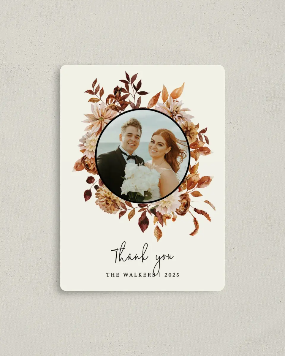 This is a 4" x 5½" Thank You Magnet called Country Blooms printed in full color with a Luxe Satin finish