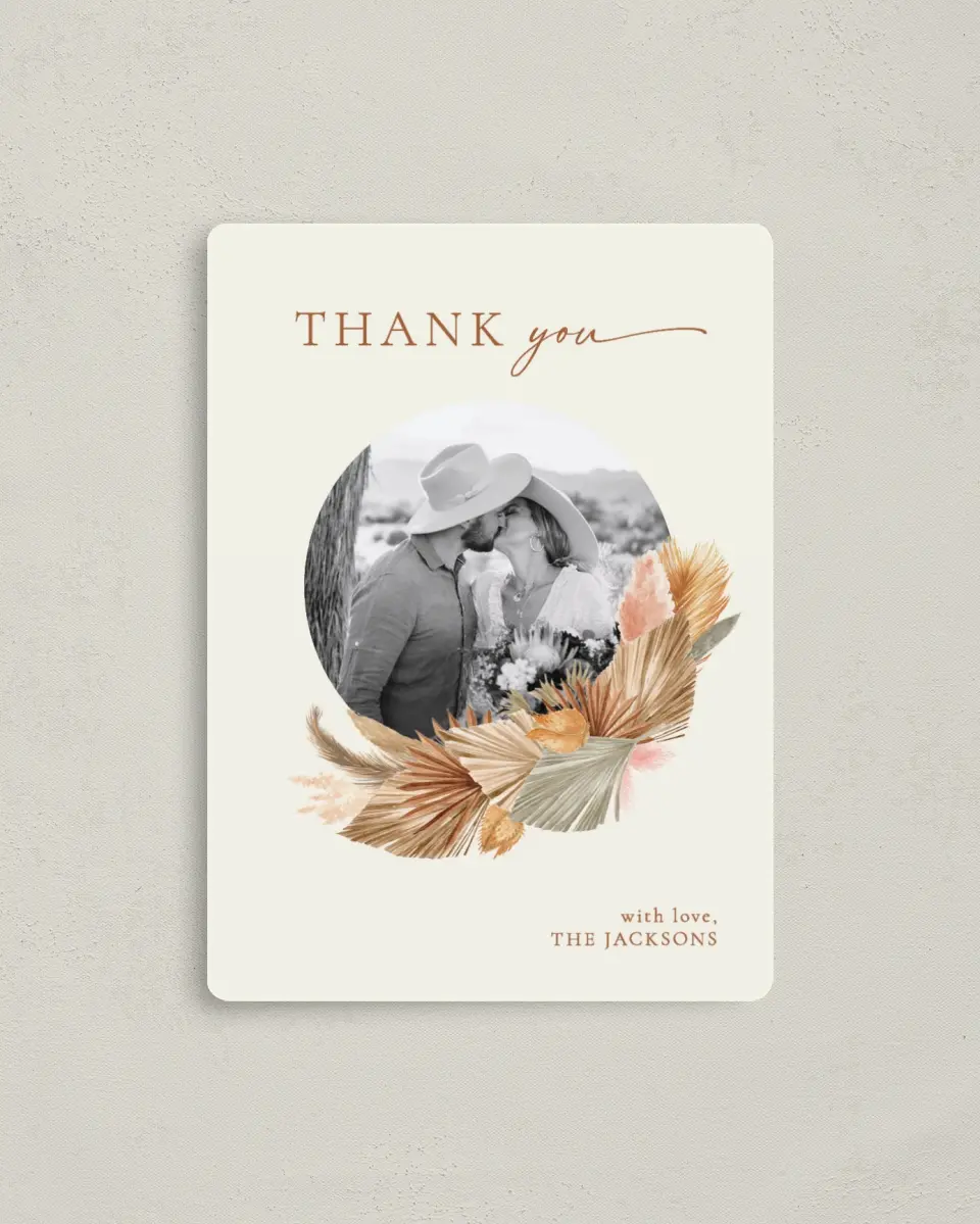 This is a 4" x 5½" Thank You Magnet called Sandy Fronds printed in full color with a Luxe Satin finish