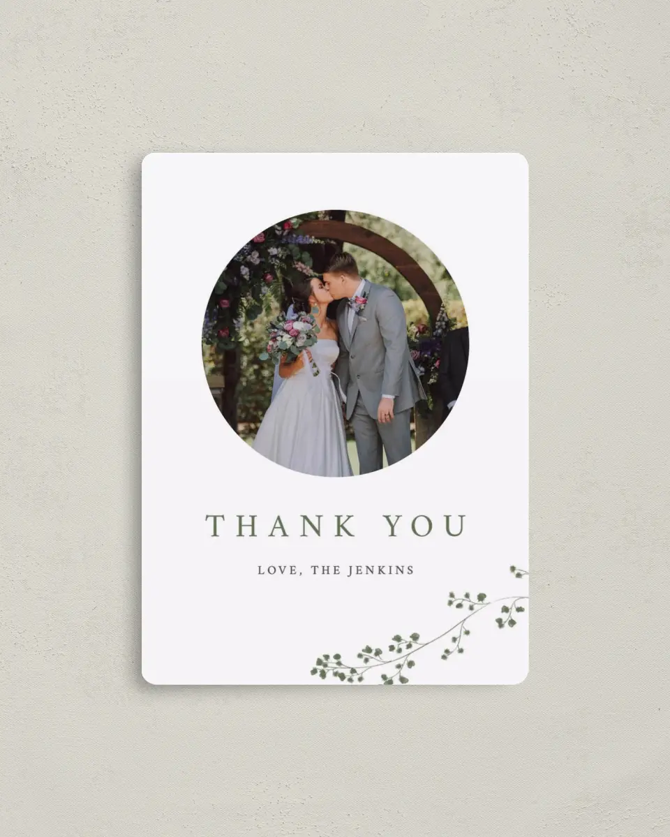 This is a 4" x 5½" Thank You Magnet called Fresh Tendrils printed in full color with a Luxe Satin finish