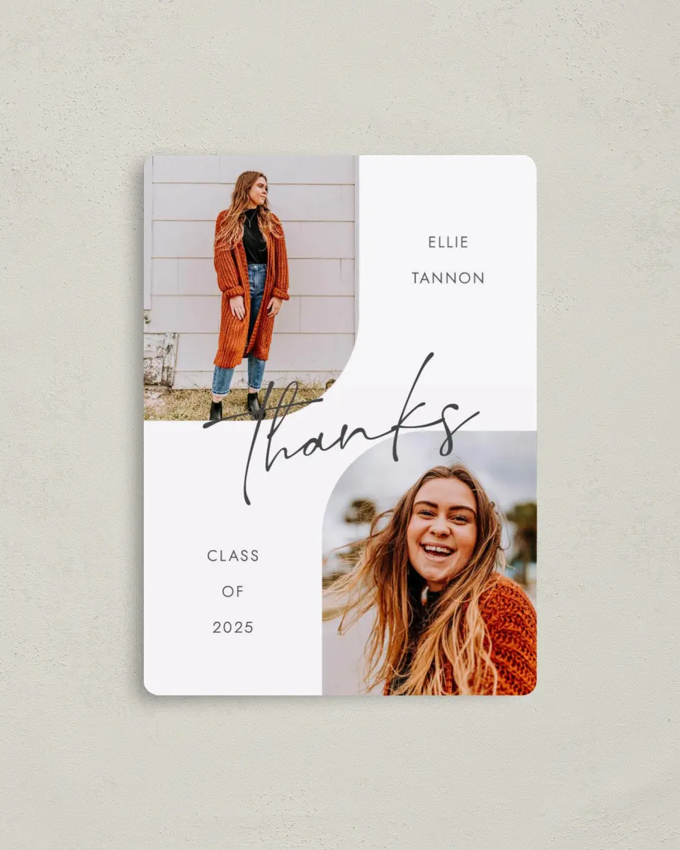 This is a 4" x 5½" Graduation Thank You Magnet called Commencement Corners printed in full color with a Luxe Satin finish