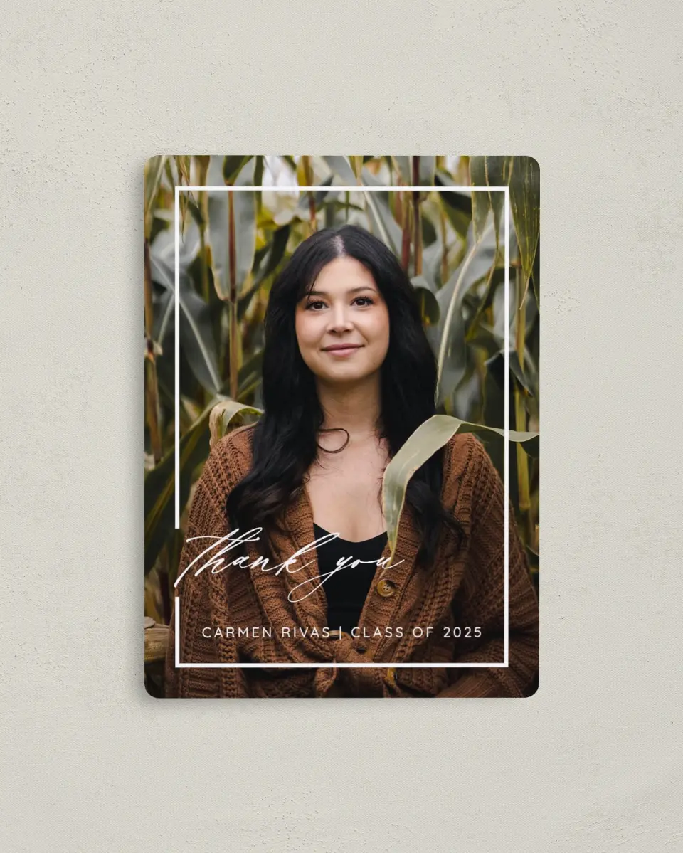 This is a 4" x 5½" Graduation Thank You Magnet called Brilliant Border printed in full color with a Luxe Satin finish