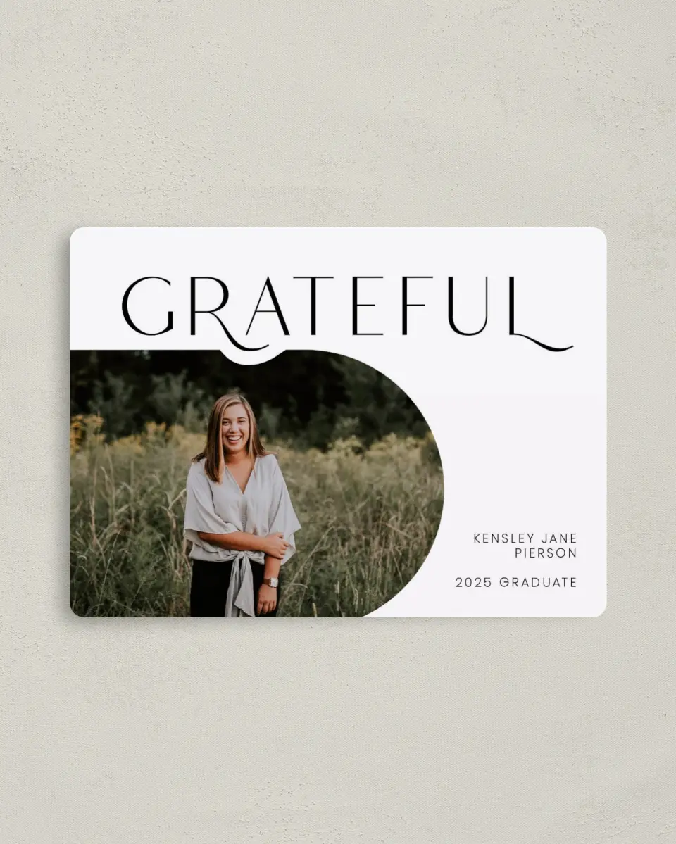 This is a 4" x 5½" Graduation Thank You Magnet called Modern Scholar printed in full color with a Luxe Satin finish