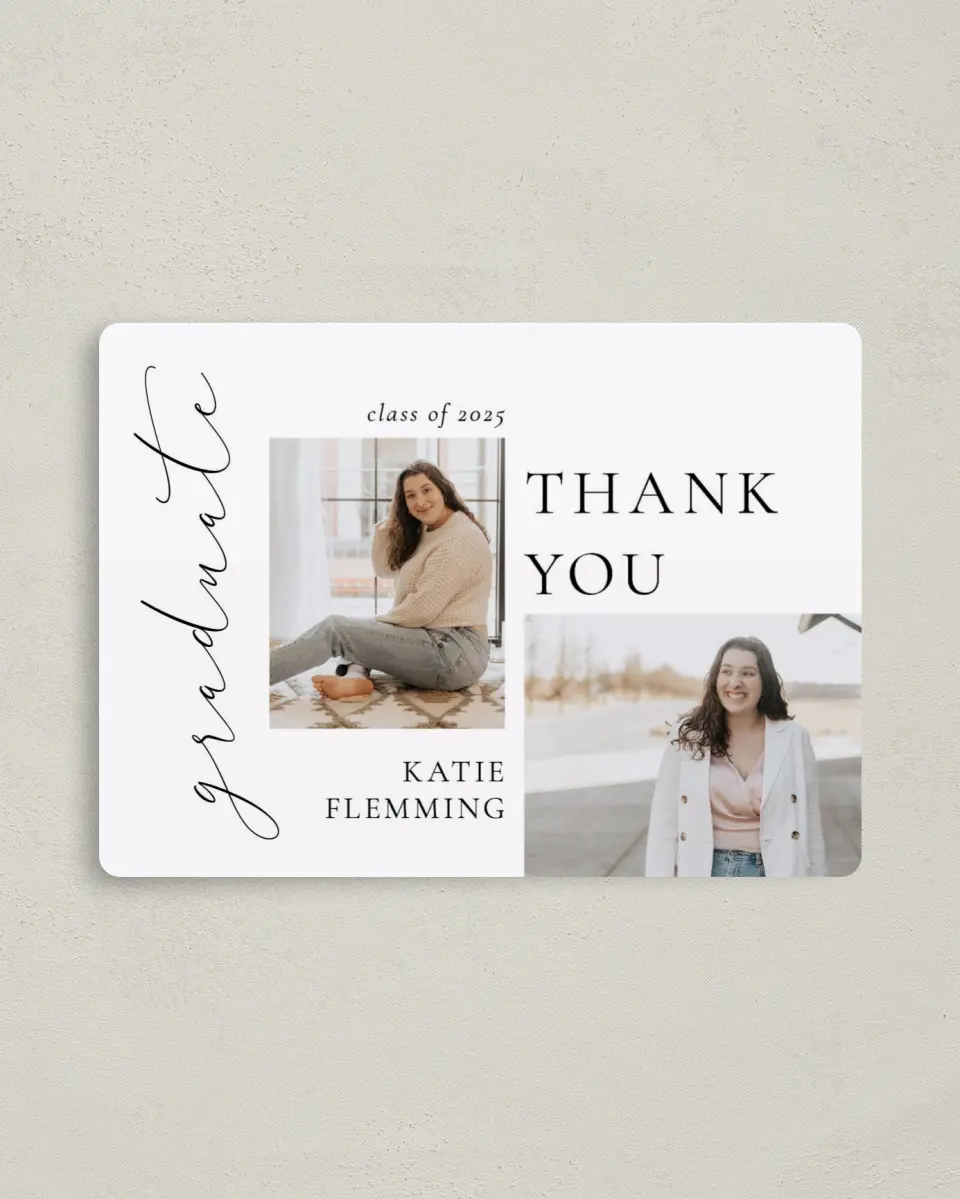 This is a 4" x 5½" Graduation Thank You Magnet called Chic Three printed in full color with a Luxe Satin finish