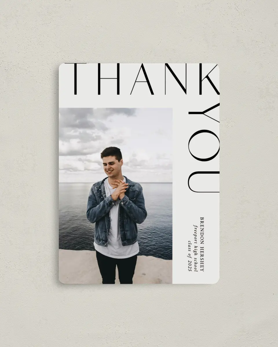 This is a 4" x 5½" Graduation Thank You Magnet called On the Edge printed in full color with a Luxe Satin finish