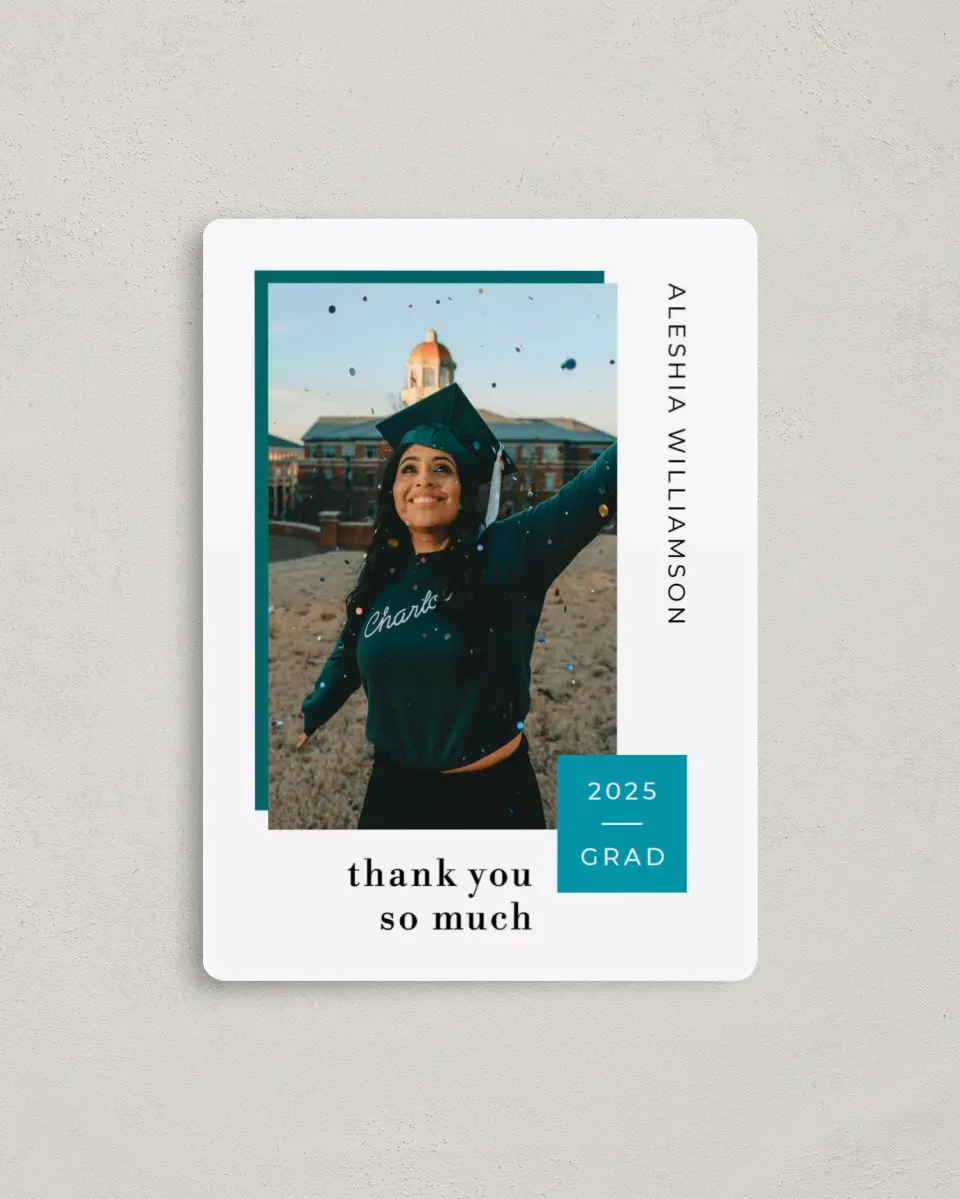 This is a 4" x 5½" Graduation Thank You Magnet called Fun Celebration printed in full color with a Luxe Satin finish