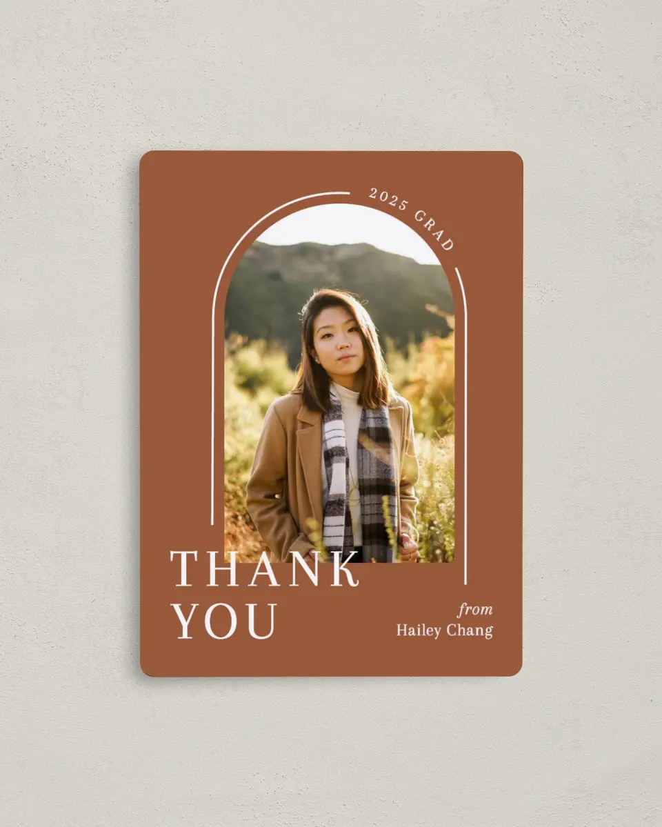 This is a 4" x 5½" Graduation Thank You Magnet called Arched Grad printed in full color with a Luxe Satin finish