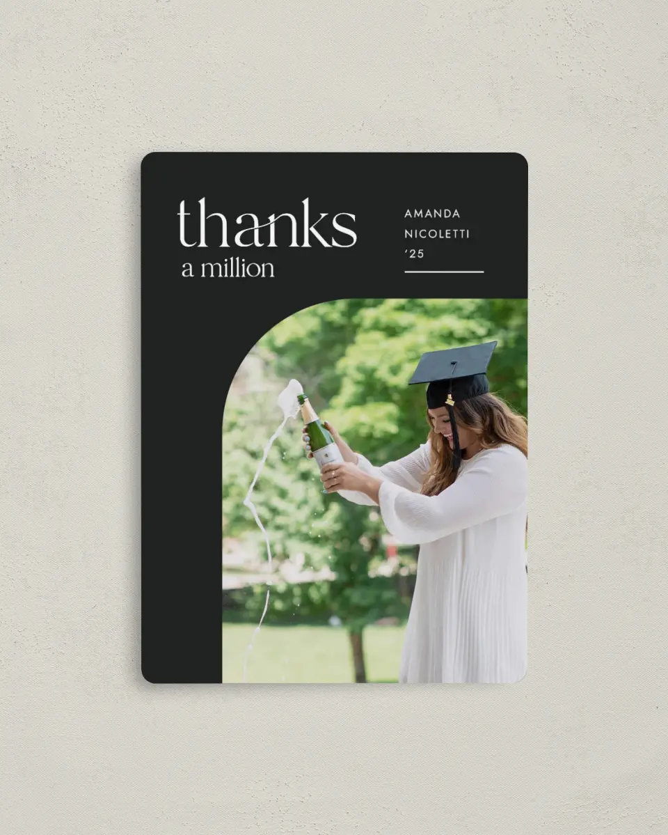 This is a 4" x 5½" Graduation Thank You Magnet called Cheers Grad printed in full color with a Luxe Satin finish