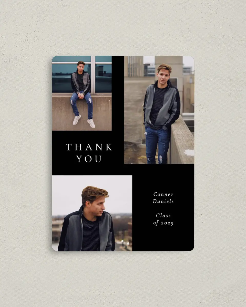 This is a 4" x 5½" Graduation Thank You Magnet called Graduate Grid printed in full color with a Luxe Satin finish