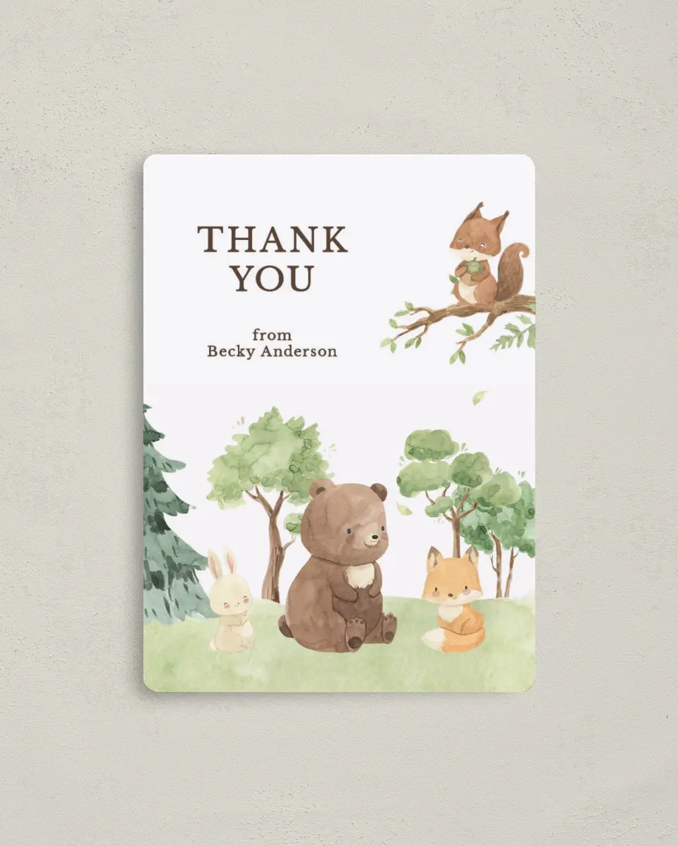 This is a 4" x 5½" Graduation Thank You Magnet called Woodland Scene printed in full color with a Luxe Satin finish