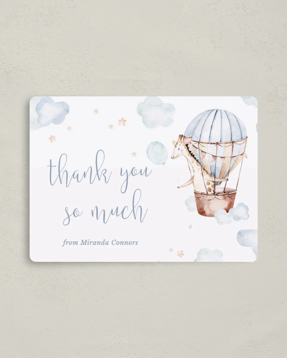 This is a 4" x 5½" Graduation Thank You Magnet called Baby Balloon Ride printed in full color with a Luxe Satin finish