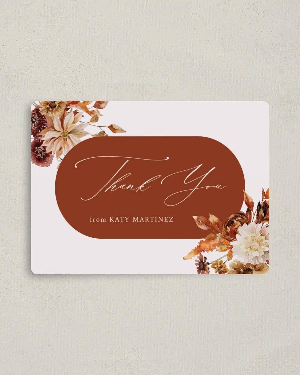 This is a 4" x 5½" Graduation Thank You Magnet called Autumn Shower printed in full color with a Luxe Satin finish