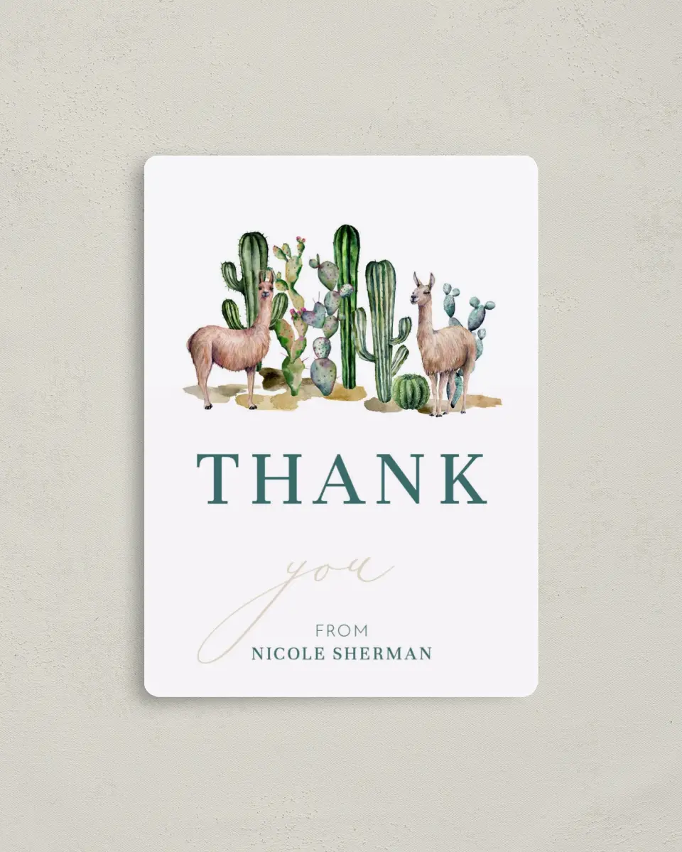 This is a 4" x 5½" Graduation Thank You Magnet called Sweet Llamas printed in full color with a Luxe Satin finish
