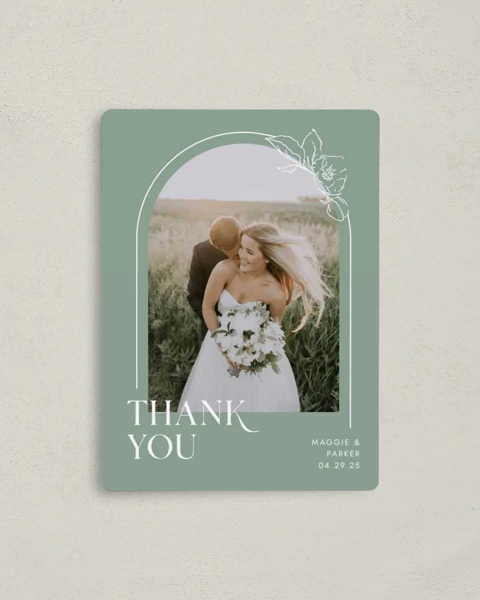 This is a 4" x 5½" Thank You Magnet called Blossoming Arch printed in full color with a Luxe Satin finish