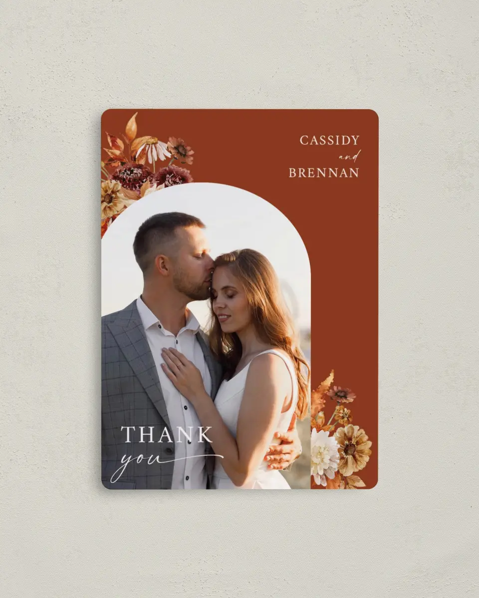 This is a 4" x 5½" Thank You Magnet called Autumn Florals printed in full color with a Luxe Satin finish