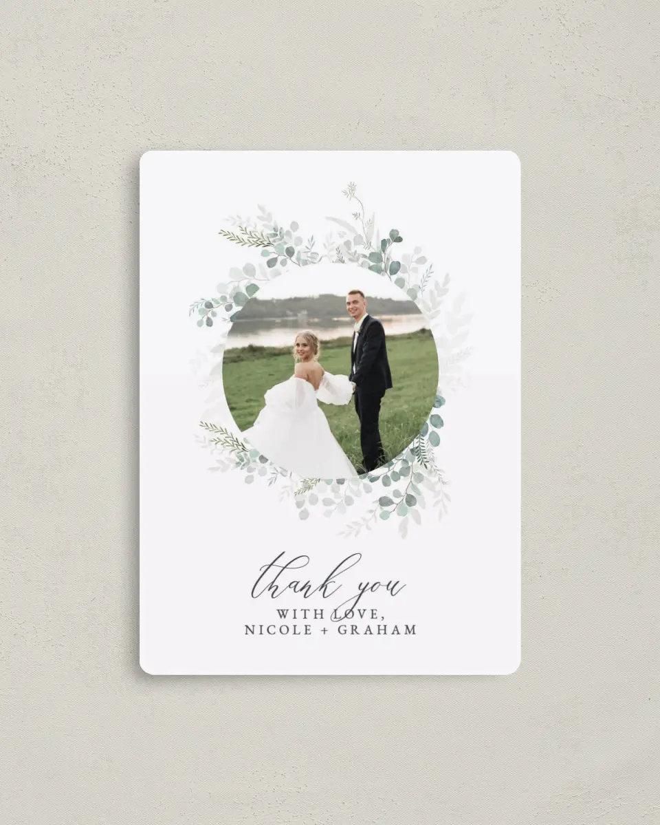 This is a 4" x 5½" Thank You Magnet called Elegant Greenery printed in full color with a Luxe Satin finish