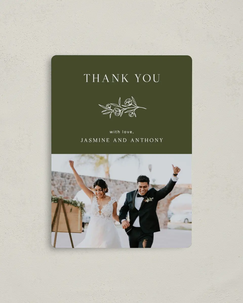 This is a 4" x 5½" Thank You Magnet called The Jasmine printed in full color with a Luxe Satin finish