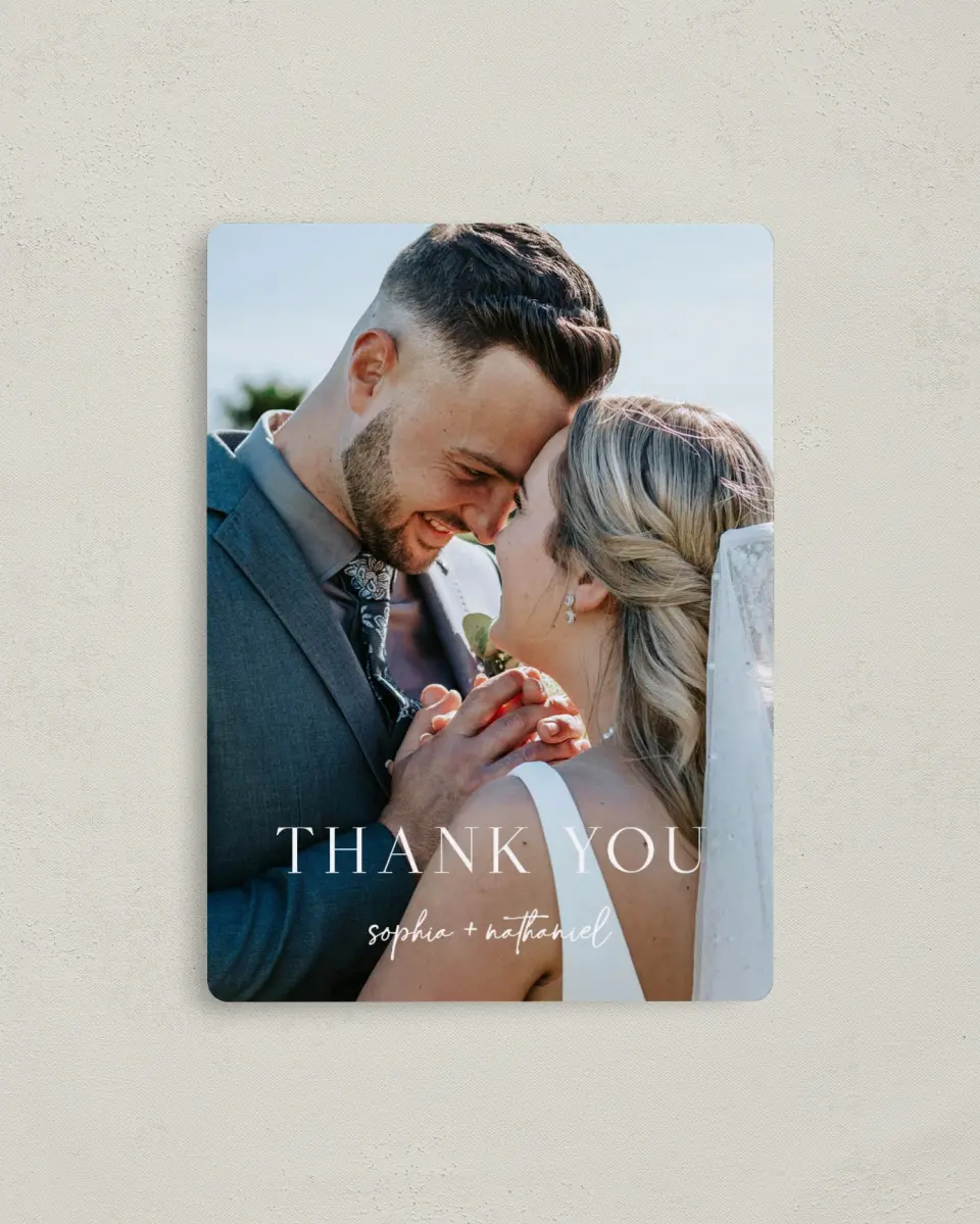 This is a 4" x 5½" Thank You Magnet called The Sophia printed in full color with a Luxe Satin finish