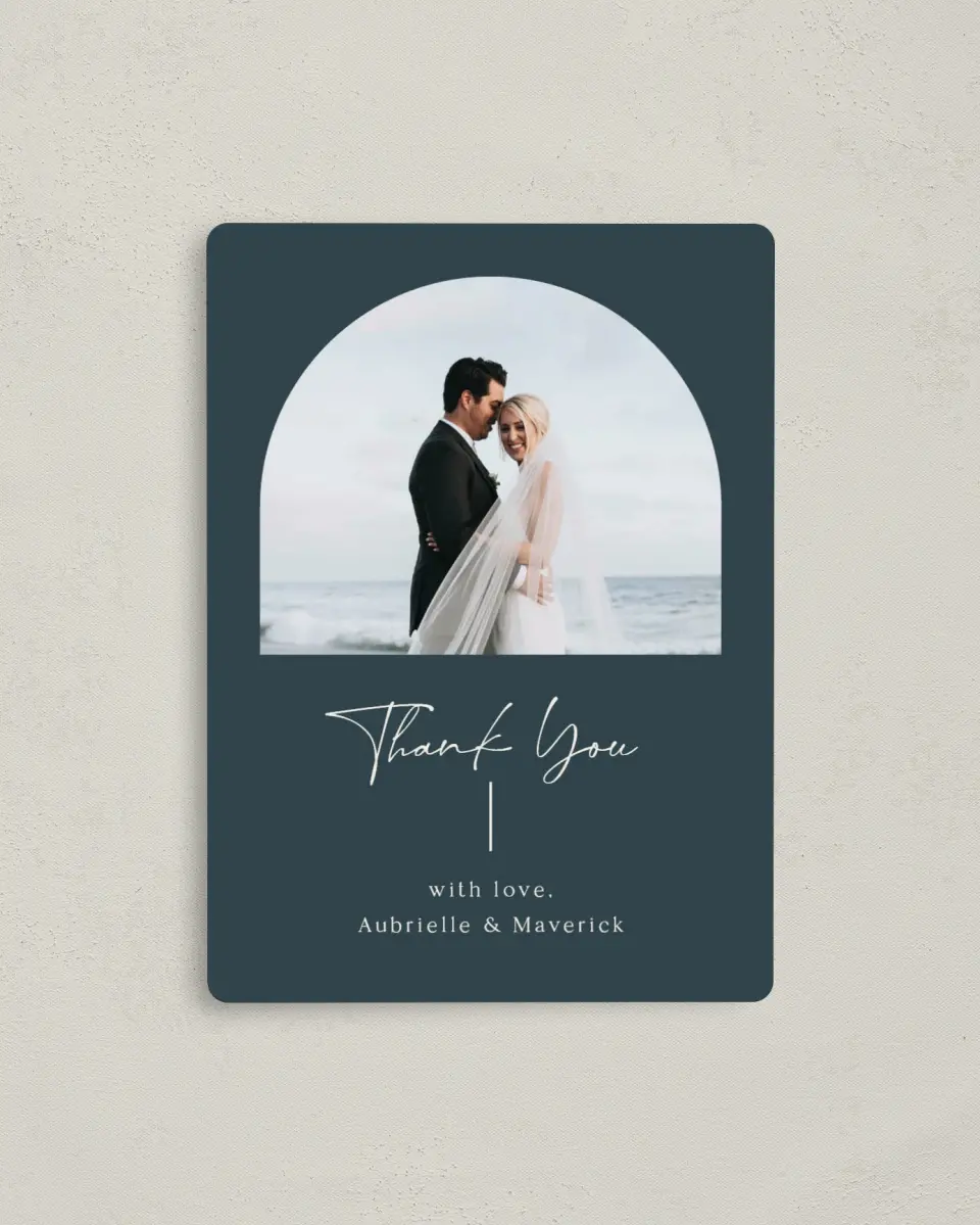 This is a 4" x 5½" Thank You Magnet called The Aubrielle printed in full color with a Luxe Satin finish