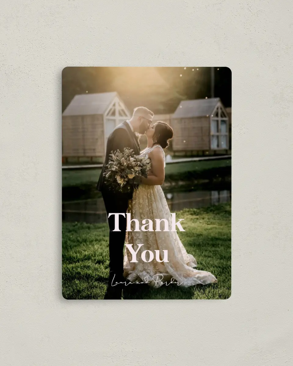 This is a 4" x 5½" Thank You Magnet called The Laura printed in full color with a Luxe Satin finish