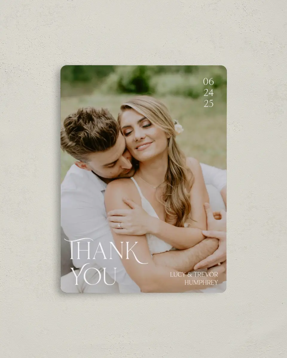 This is a 4" x 5½" Thank You Magnet called The Lucy printed in full color with a Luxe Satin finish
