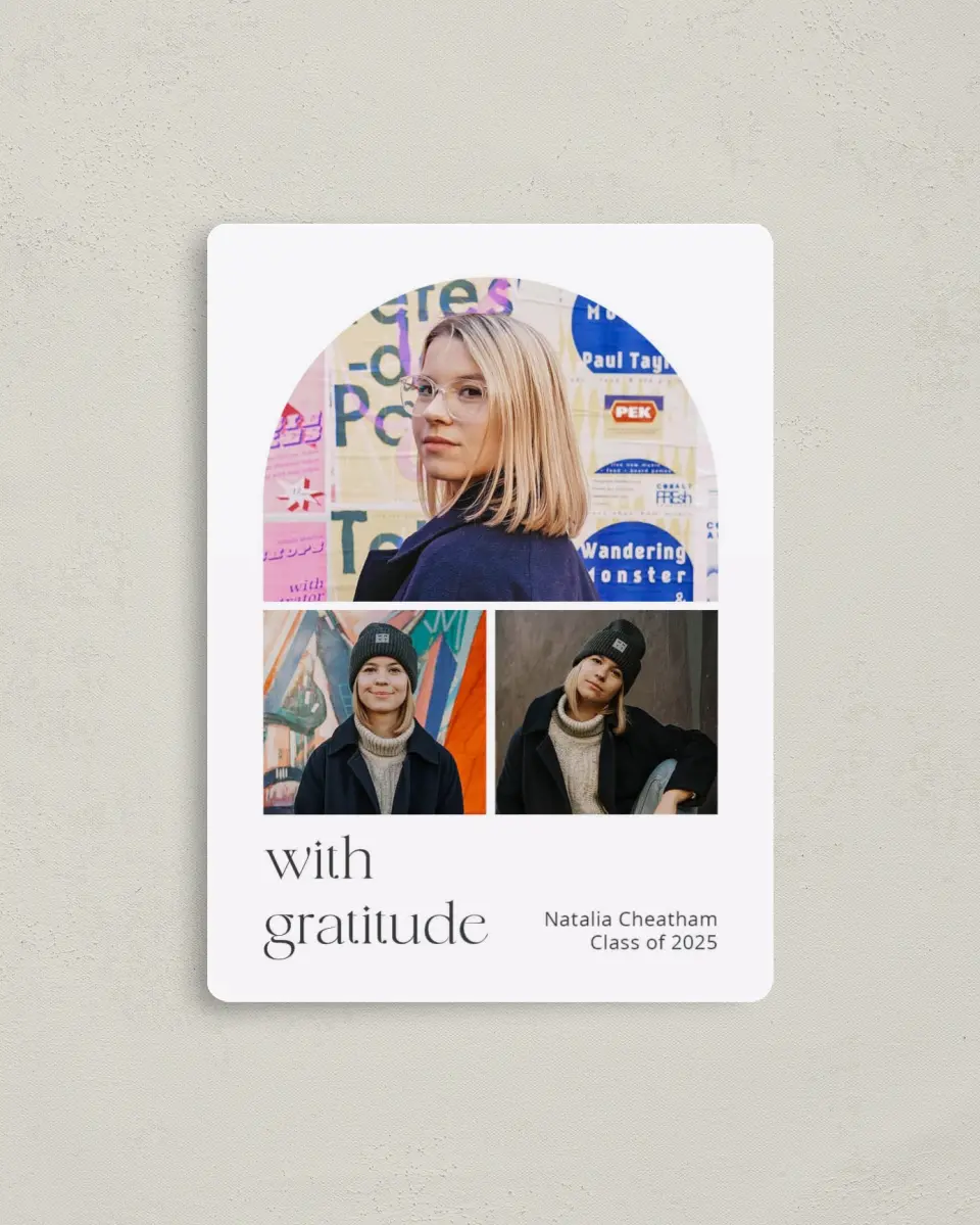 This is a 4" x 5½" Graduation Thank You Magnet called The Graduate printed in full color with a Luxe Satin finish