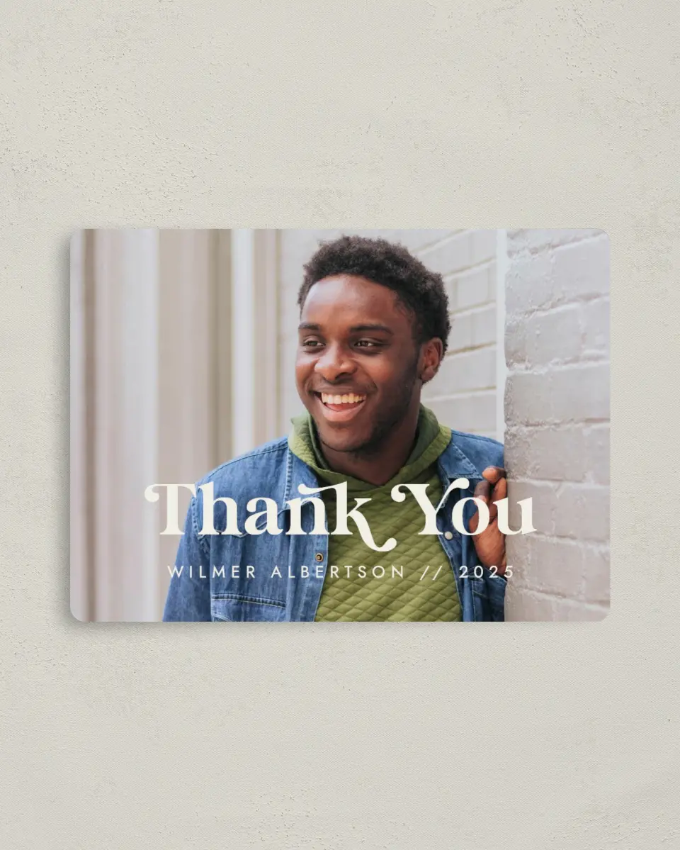 This is a 4" x 5½" Graduation Thank You Magnet called Flourishing Graduate printed in full color with a Luxe Satin finish