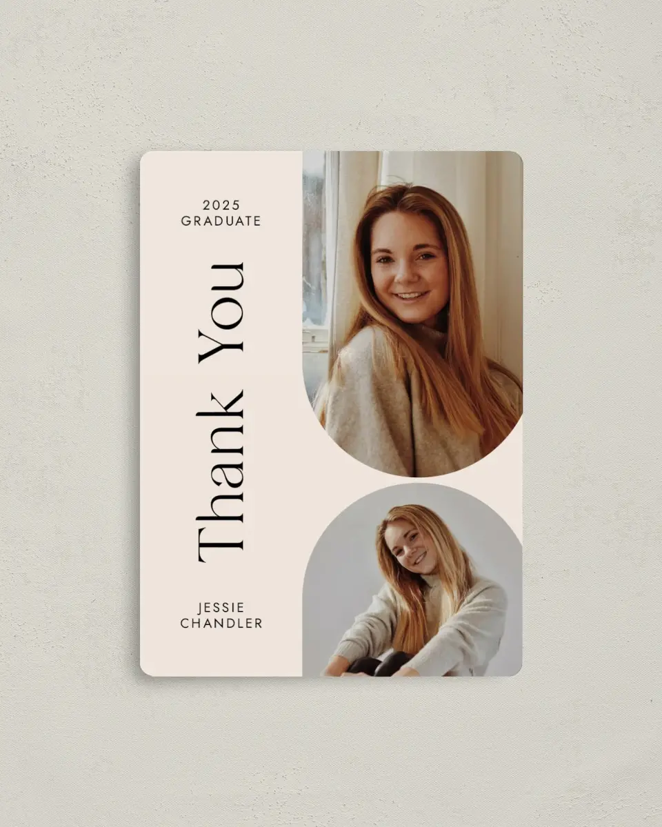 This is a 4" x 5½" Graduation Thank You Magnet called Dynamic Duo printed in full color with a Luxe Satin finish