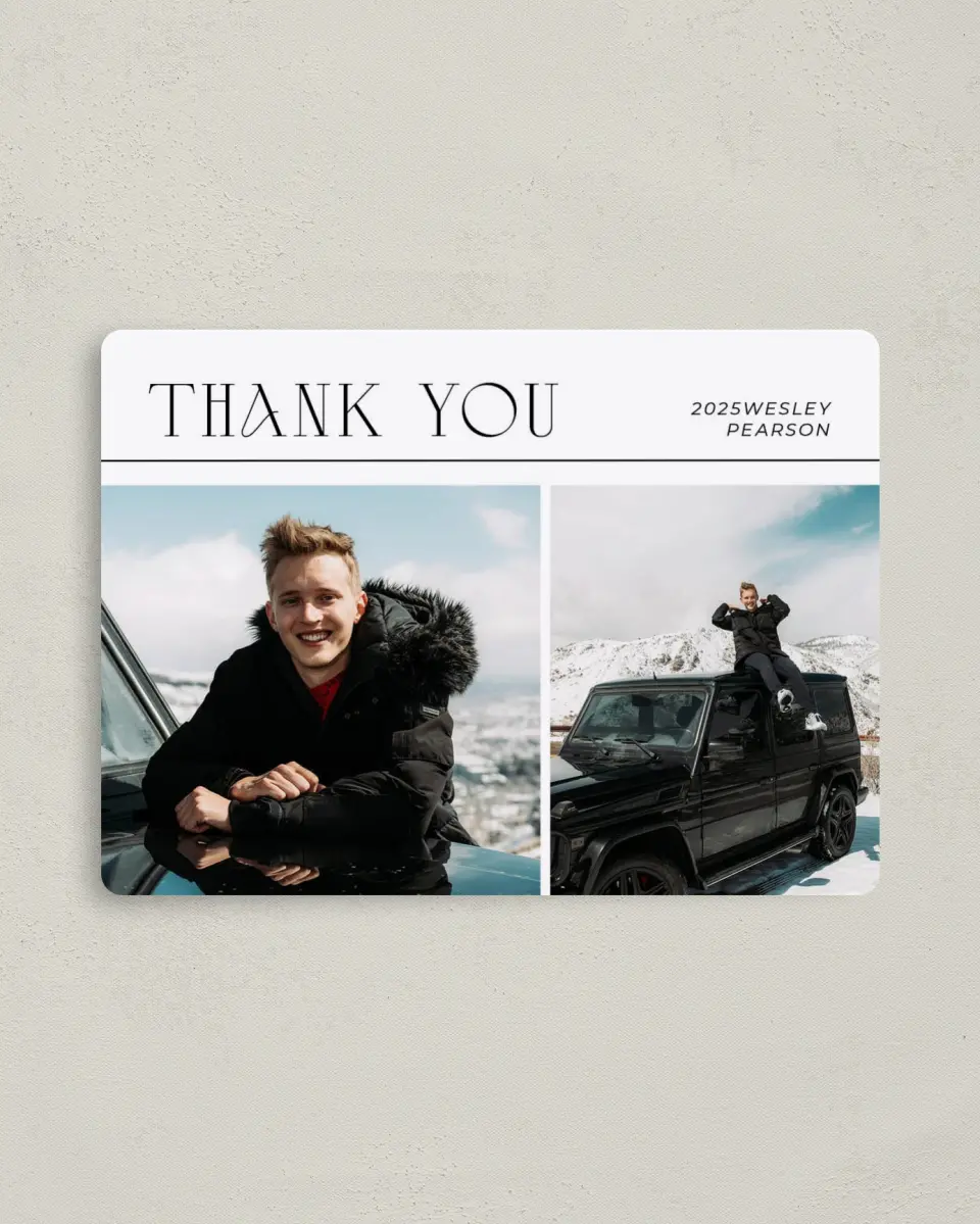 This is a 4" x 5½" Graduation Thank You Magnet called Big Finish printed in full color with a Luxe Satin finish